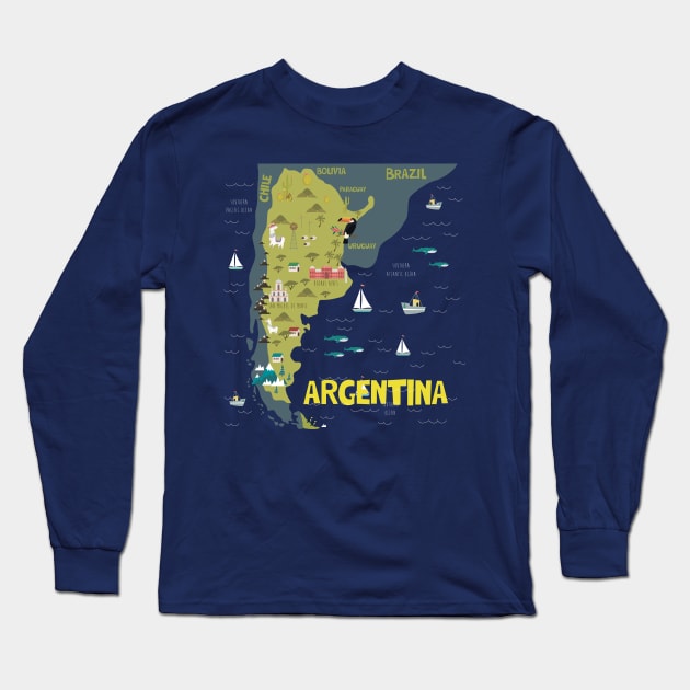 Argentina Illustrated Map Long Sleeve T-Shirt by JunkyDotCom